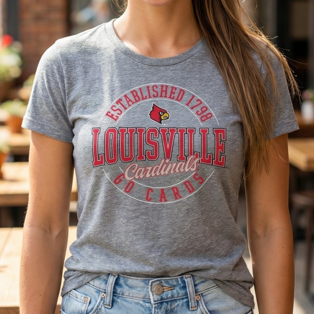 Captivating Womens Louisville Cardinals NCAA Graphic T-Shirt Grey Heathered NEW